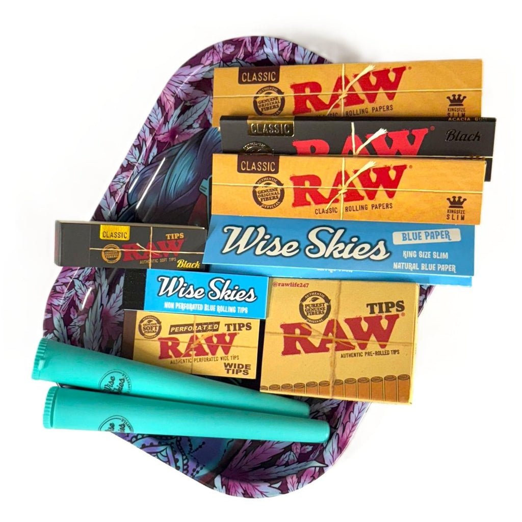 Wise Skies Silence Rolling Tray Set – Blue King Size Slim Papers, Perforated Tips & RAW Classic Pre-Rolled Wide and Black TipsJustSmoke.Me