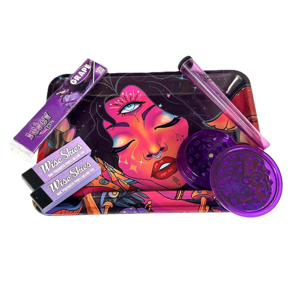 Wise Skies Stray Trippy Little Hippy Purple Rolling Tray Bundle – Papers, Tips, Cone Holder & CrusherJustSmoke.Me