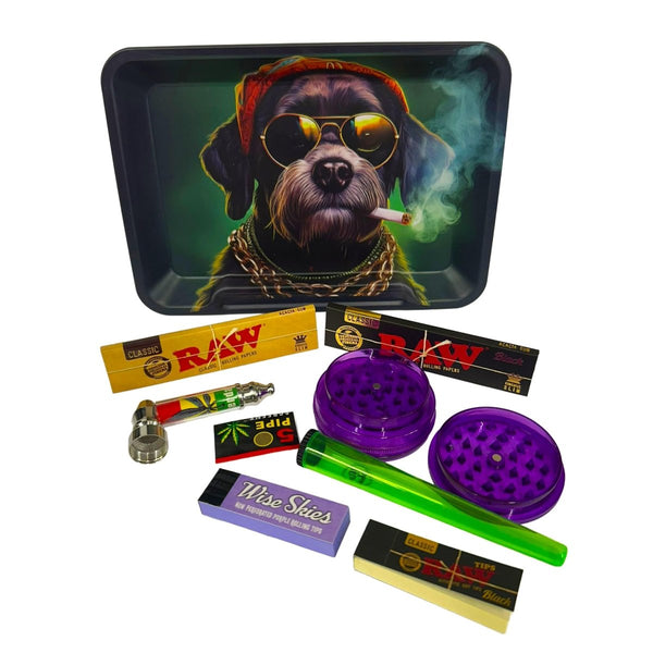 Wise Skies The Dawg Small Rolling Tray Set – King Size Slim RAW Black Papers, Purple Tips & Crusher – 8 ItemsJustSmoke.Me