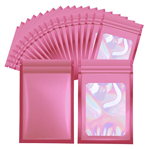 ASTER 100 Pieces Resealable Mylar Bags, Smell Proof Food Storage Bags with Clear Window Plastic Foil Packaging Pouch for Food, Candy, Jewelry, Screw Storage(Pink,7.5x12cm)JustSmoke.Me