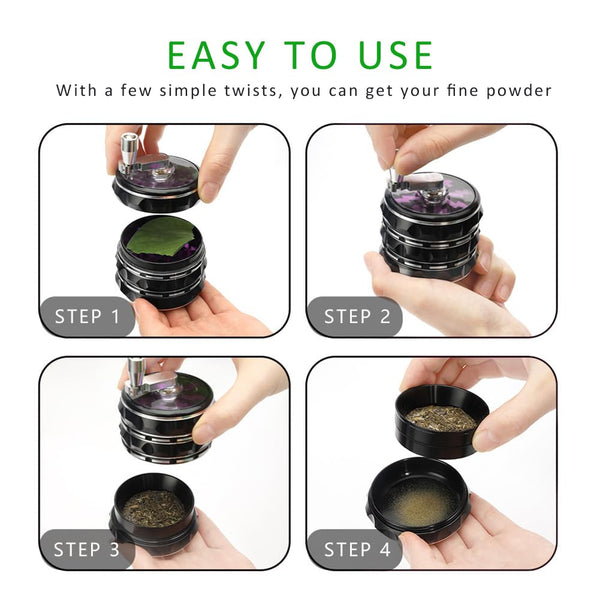Clear Top Herb Grinder Metal Large 2.5'' Large 4-Part, Aluminum Alloy Spice Grinder with Foldable Handle,Pollen Scraper and Cleaning Brush (Black Purple)JustSmoke.Me