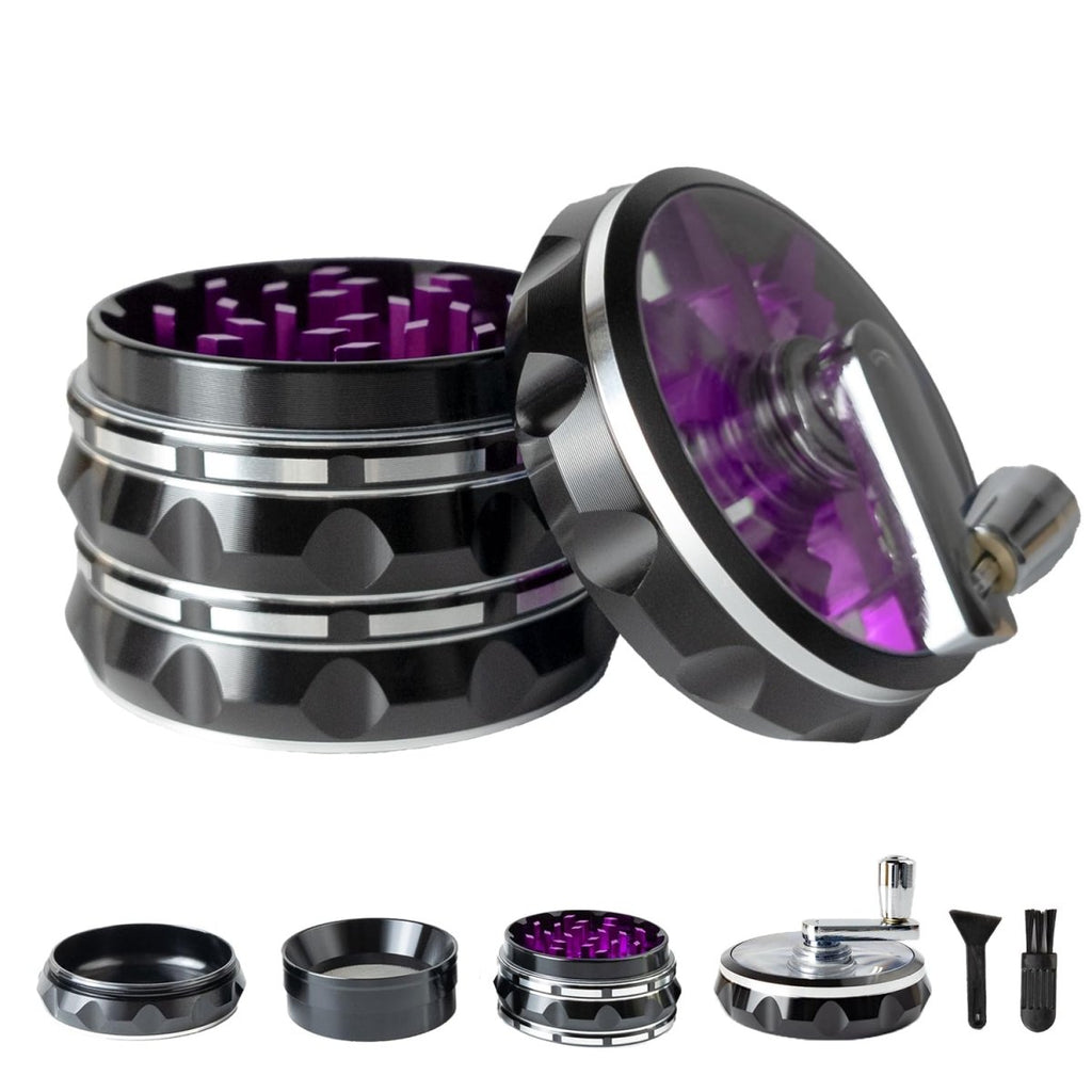 Clear Top Herb Grinder Metal Large 2.5'' Large 4-Part, Aluminum Alloy Spice Grinder with Foldable Handle,Pollen Scraper and Cleaning Brush (Black Purple)JustSmoke.Me