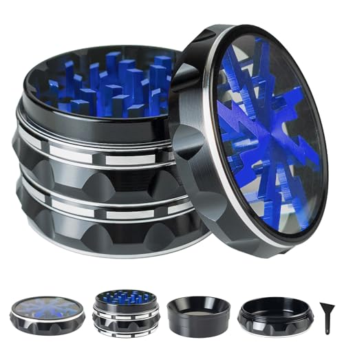 Clear Top Herb Grinder Metal Large 2.5'' Large 4-Part, Aluminum Alloy Spice Grinder with Pollen Catcher (Black Blue)JustSmoke.Me