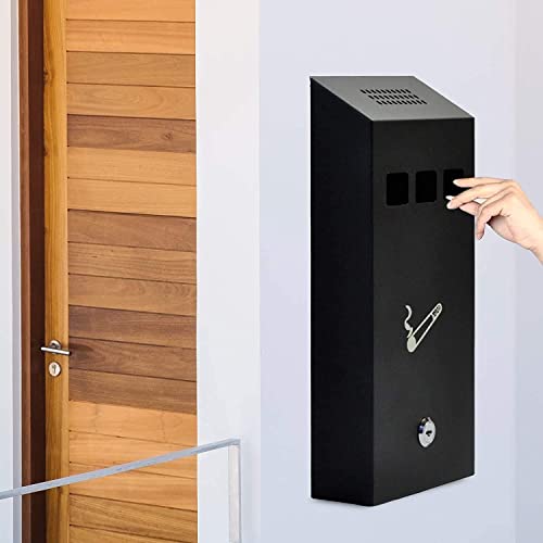 DWD ® Premium Wall Mounted Ashtray Smoking Cigarette Steel Bin Metal Ashtray Lockable with Keys Approved for Outdoor Use Black, Smoking Shelter (Slim H 32cm x W 15cm X D 6cm)JustSmoke.Me
