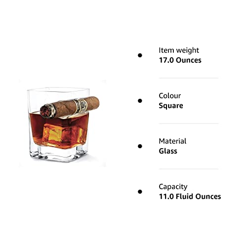 Jiaan Cigar Whiskey Glass - Old Fashioned Glass with Indented Cigar Rest，Handmade from Lead Free Crystal Glass，Crystal Clear Father's Day Gift (Square)JustSmoke.Me