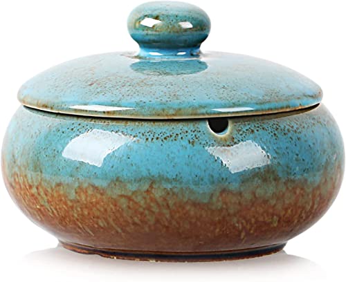 RONXS Ashtray with Lid, Smell Proof Large Ash tray for Outside Indoor- Vintage Blue and Brown, Windproof Ashtrays for Cigarettes, Glossy Ceramic Decoration for Home Office Cafe Garden PatioJustSmoke.Me