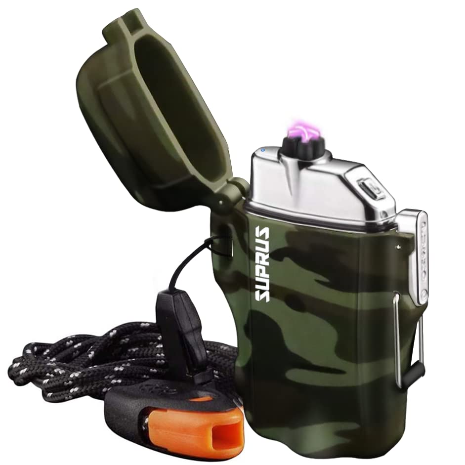 SUPRUS Waterproof Lighter 3 Modes of Flashlight Windproof Lighter Dual Arc Electric Lighters Rechargeable Dual Arc Plasma Lighter with Survival Emergency Whistle and LanyardJustSmoke.Me