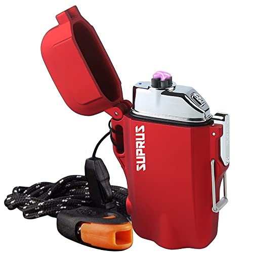 SUPRUS Waterproof Lighter 3 Modes of Flashlight Windproof Lighter Dual Arc Electric Lighters Rechargeable Dual Arc Plasma Lighter with Survival Emergency Whistle and Lanyard RedJustSmoke.Me