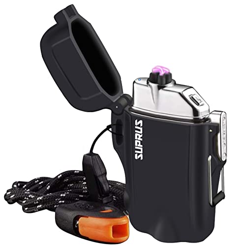 SUPRUS Waterproof Lighter 3 Modes of Flashlight Windproof Lighter Dual Arc Electric Lighters Rechargeable Dual Arc Plasma Lighter with Survival Emergency Whistle and LanyardJustSmoke.Me