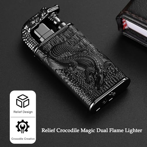 Torch Lighter, Relief Crocodile Magic Dual Flame Lighter, Jet Lighter, Windproof Lighter with Adjusting Flame Tool, Refillable Butane Lighter Gifts for Outdoor Indoor(Gas not Included)-Blue WhiteJustSmoke.Me