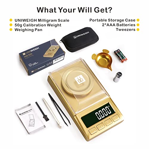UNIWEIGH Digital Milligram Scales 50/0.001g, Precision Jewelry Scale, Reloading Gunpowder Grain Scale, MG Powder Scale,with 50g Cal Weight, Tweezers, Scoop, Brush, Weighing Pan, Batteries Included.JustSmoke.Me