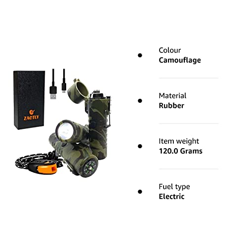 Zactly MODEL AL02 Electric Dual Arc USB Lighter Multifunction Waterproof Windproof Dustproof Rechargeable with Led Flashlight & Emergency Whistle, Camping & Outdoor Survival Tactical Tool (CAMOUFLAGE)JustSmoke.Me